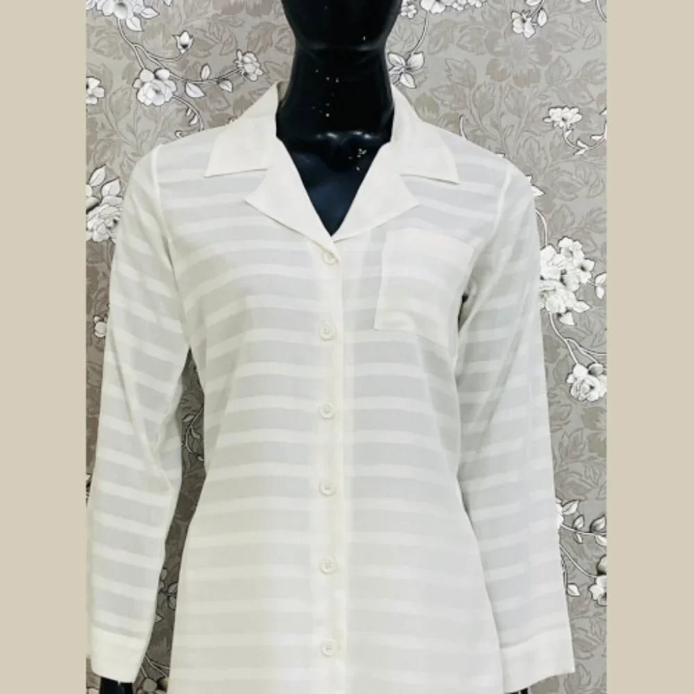 SoieRose Women's 100% Cotton White Self-Stripe Pajama Set - SR-1067 - Picture 2 of 4